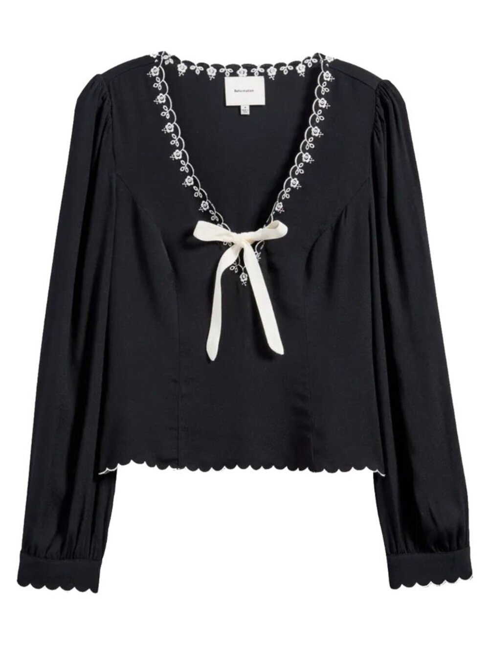 Reformation Vivia Embroidered V-Neck Scallop Top Black 2